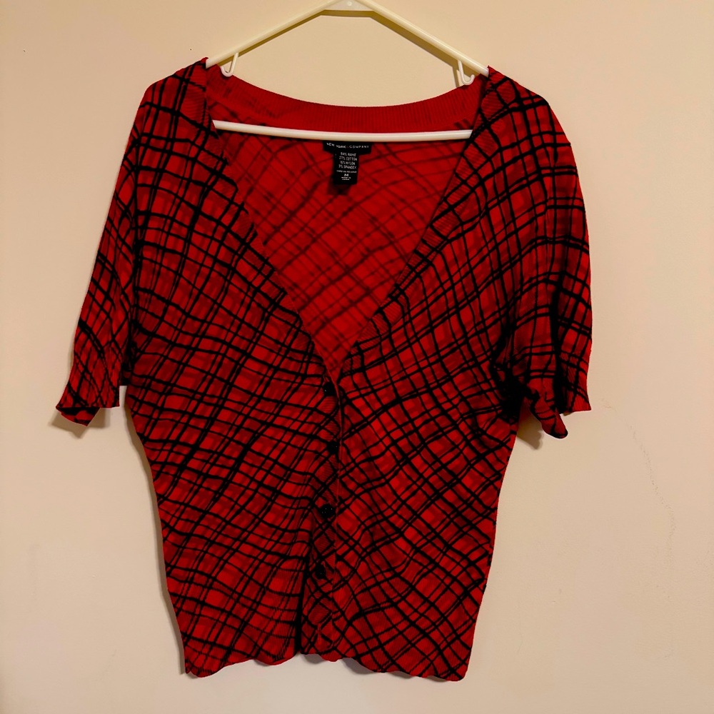New York & Co red black plaid button‎ down sweater- Med
